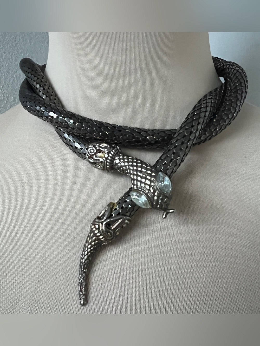 Vintage Gunmetal Silver & Black Mesh Snake Belt Lariat Necklace 40”